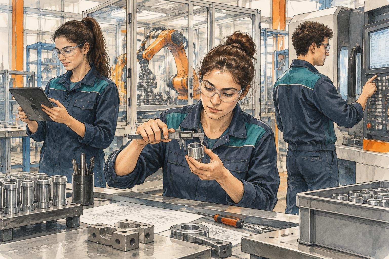 Illustrazione sketch colorata di tre giovani tecnici in fabbrica: controllo di un componente, analisi su tablet e gestione di un macchinario