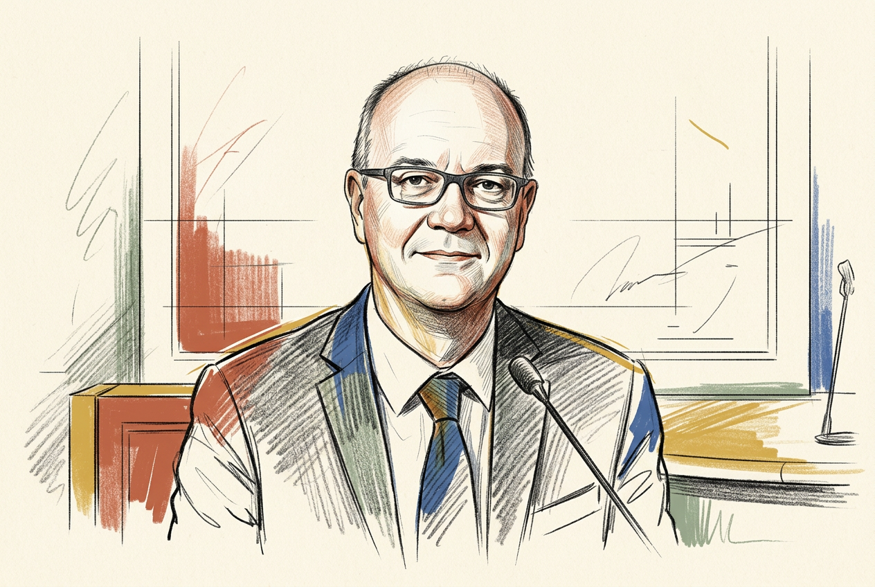 Illustrazione a matita e colori del ministro Giuseppe Valditara, rielaborata da una fotografia