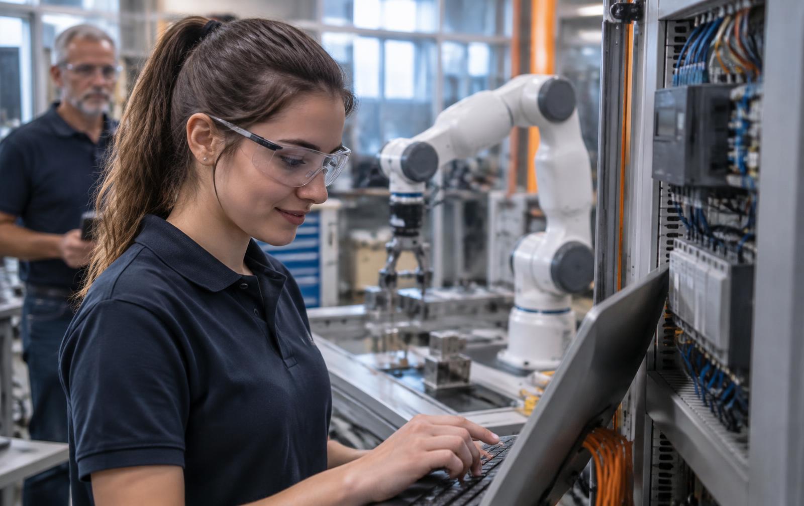 Studentessa ITS programma un pannello PLC accanto a un robot collaborativo in laboratorio
